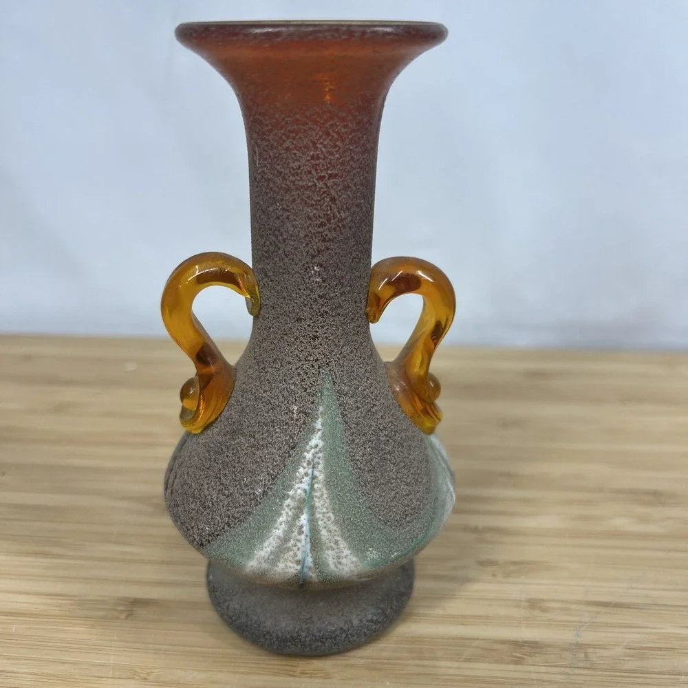 Vintage Art‎ Glass Bud Vase Amber Applied Handles Mottled Orange Green 5.75